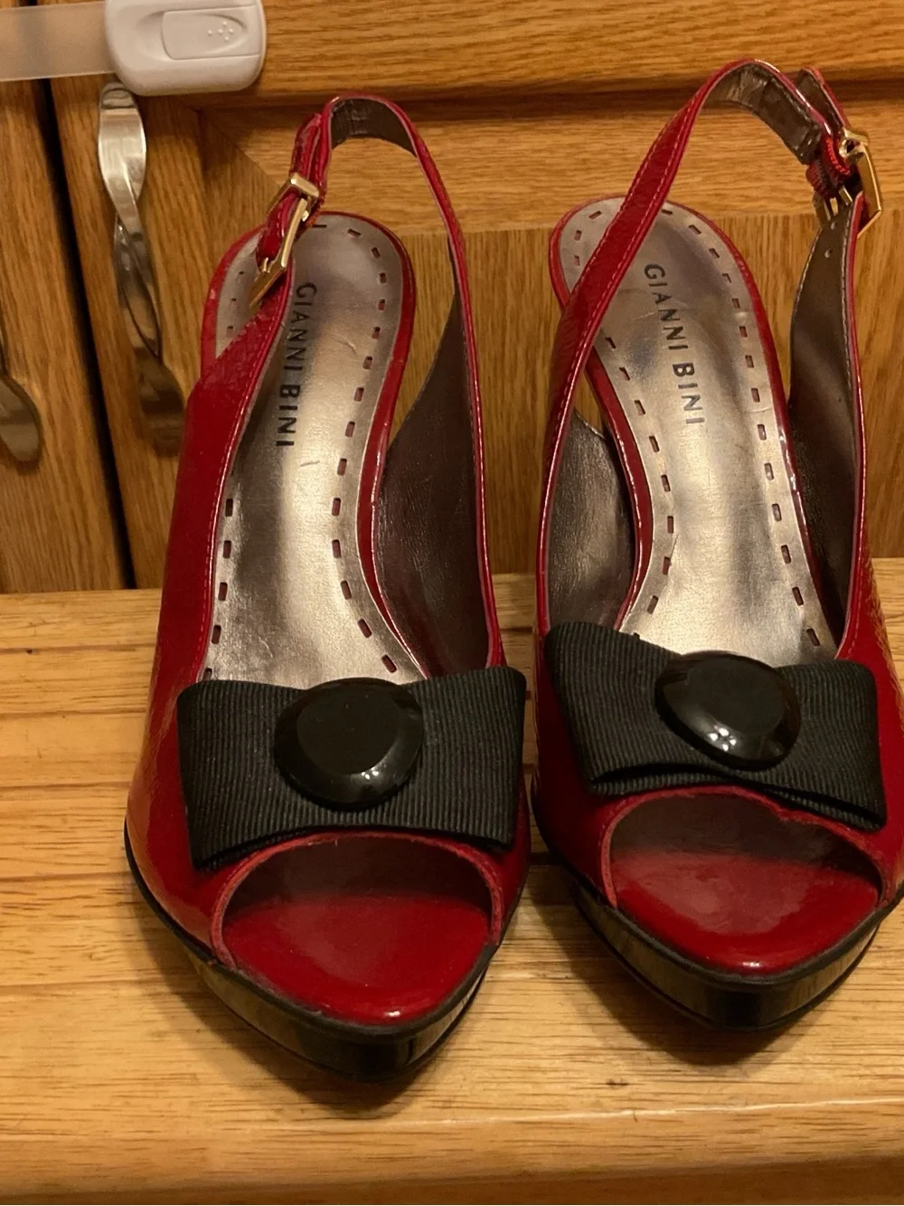 Gianni Bini Red Patent Peep-Toe Slingback Heels with Bow Accent